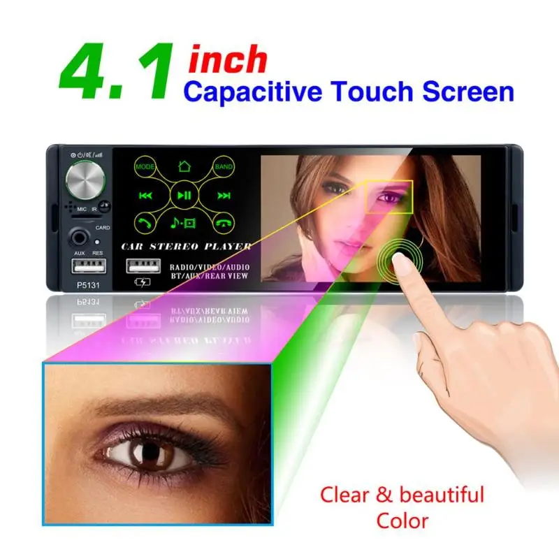 P5131 4.1 inch 1 Din Capacitive Touch Screen Car In-Dash Stereo Audio Bluetooth AM FM RDS Radio Head Unit MP5 Multimedia Player |