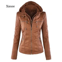 faux soft leather jackets coats lady black pu zipper motorcycle streetwear women autumn winter warm zipper hooded khaki