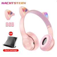 rgb cute cat ears bluetooth 5 0 wireless headphone with microphone noise cancelling kid girl stereo music casco storage bag gift