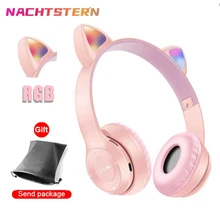 RGB Cute Cat Ears Bluetooth 5.0 Wireless Headphone With Microphone Noise Cancelling Kid Girl Stereo Music Casco Storage Bag Gift