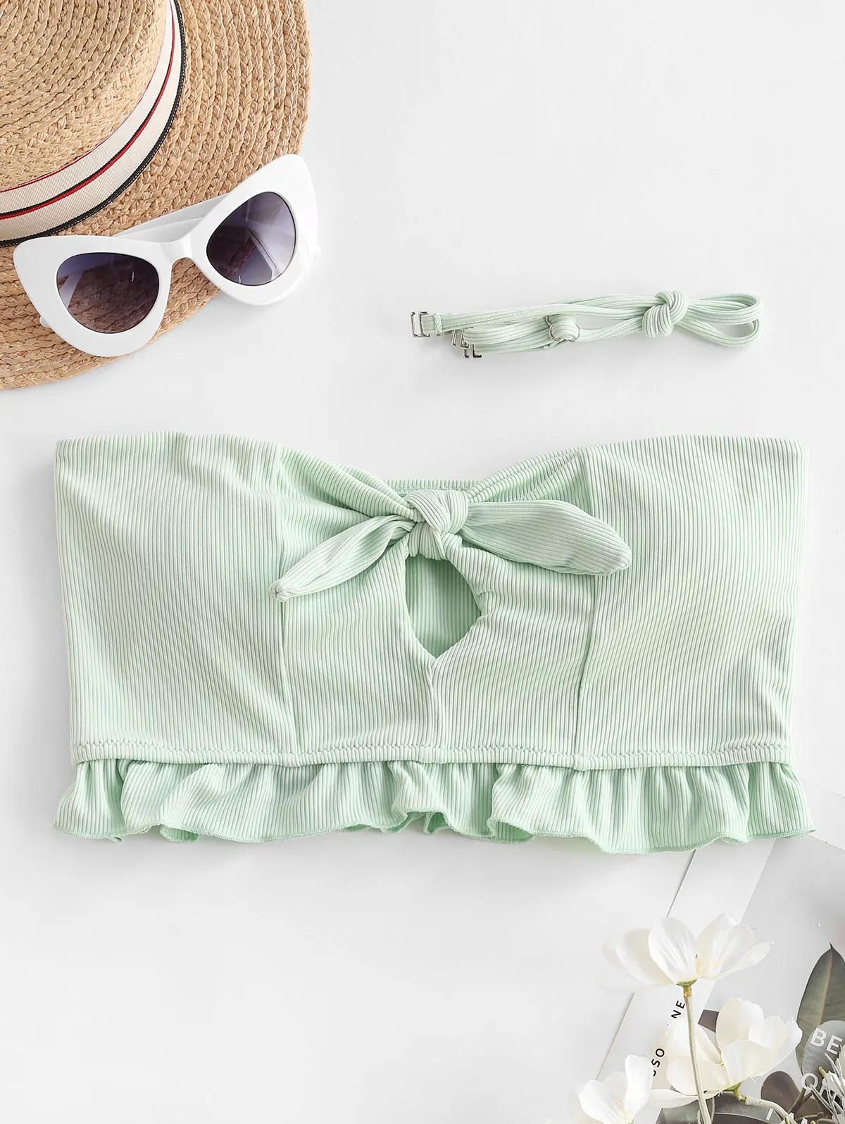 

ZAFUL Ribbed Keyhole Tied Ruffle Bikini Top
