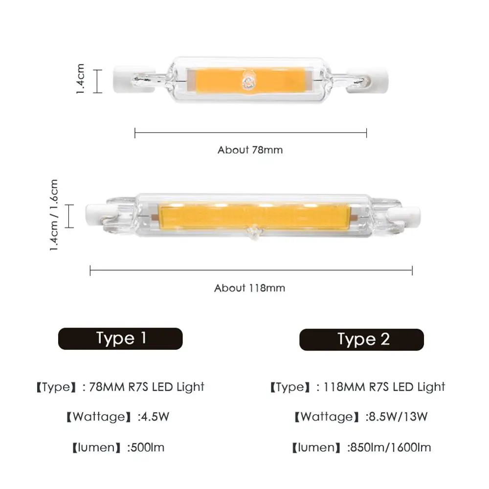 Светодиодная лампа R7S с монолитным блоком светодиодов стеклянная трубка 78 мм 8 Вт