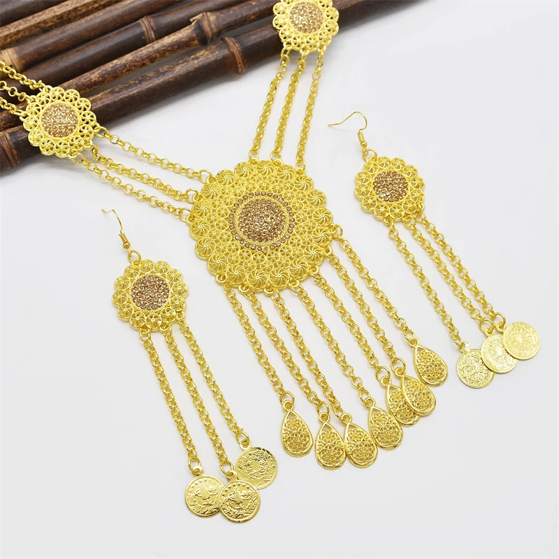 

Sculpture Gilded Coins Hollow Necklace Earrings Set Wedding Birthday Party Gift Coins Pendants Earrings For Women Jewelry Set