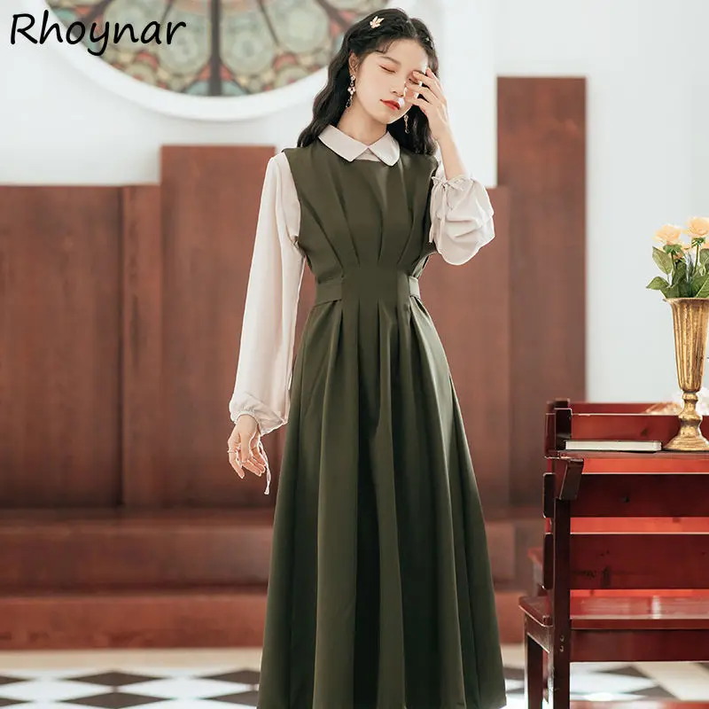 

Dress Women Leisure Fashion Fake Two Pieces All-match Folds Tender Mid-Calf Chic Patchwork Autumn Newest Female Vestidos Vintage