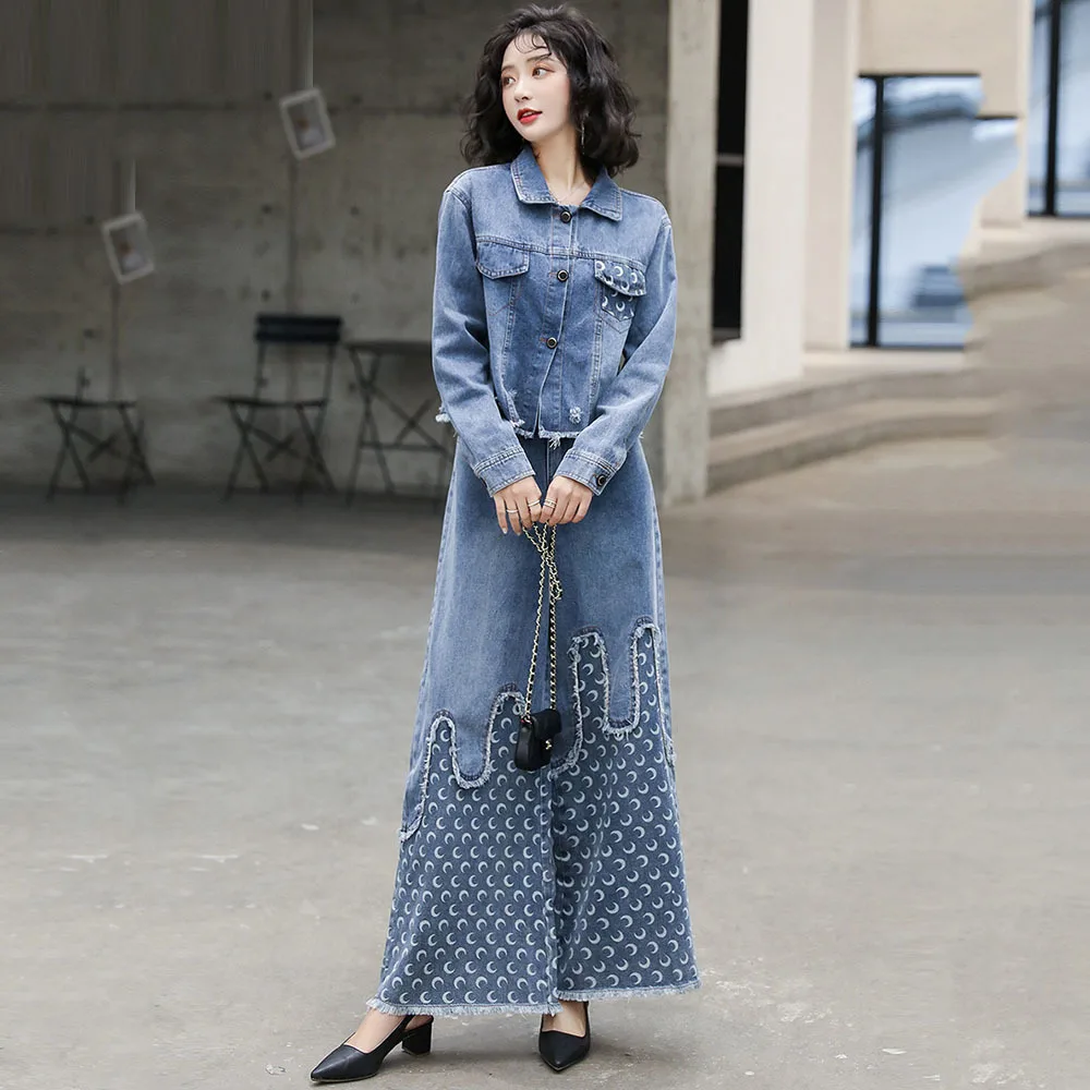 Модный костюм из джинсовой ткани с широкими штанинами для женщин весна осень