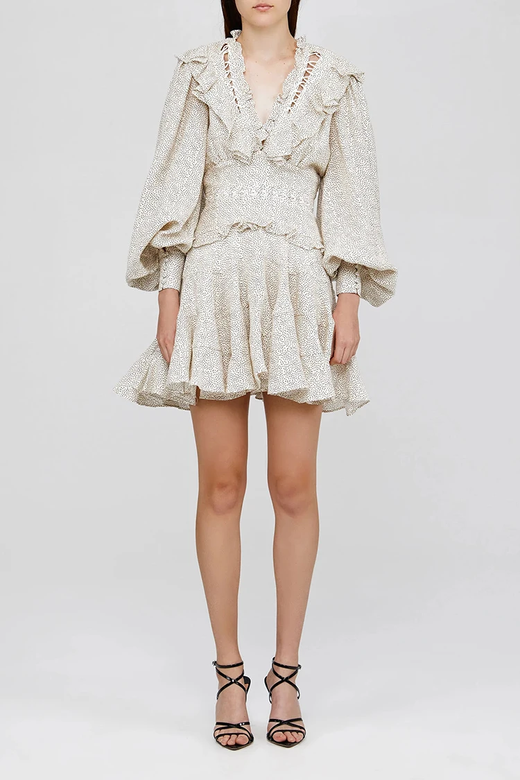 Дизайнерское платье в горошек с рюшами для подиума, женское платье-фонарик с длинным рукавом и открытой спиной, Осеннее Брендовое сексуальное шифоновое пляжное платье с v-образным вырезом, Boho Vestidos