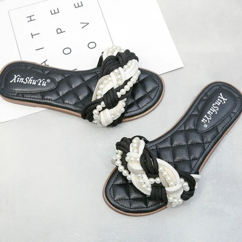 2020 Summer New Women's Sandals Linen Flower Color Woven Pearl Beach Shoes Fashion Slippers Low Heel Shoes Holiday Shoes Women