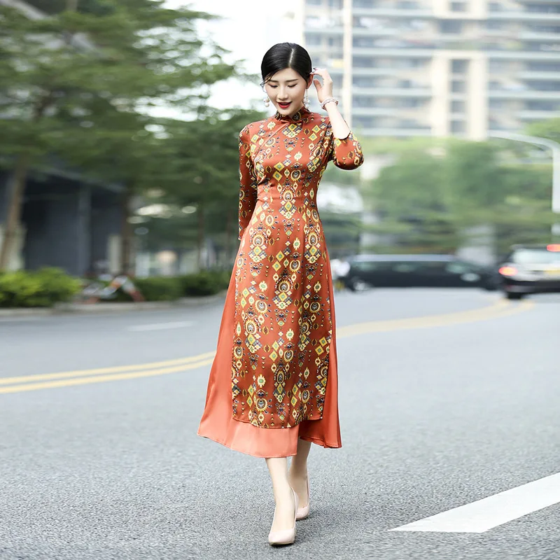 Весенние и осенние модели ретро Тонкое длинное платье Ципао Ao Dai