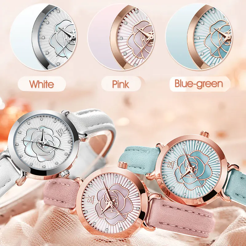 

Shengke Colorful Flower Dial Watch Women Brand New Luxury Watches Elegant Japan Movement Quartz Clock Leather Watch Montre Femme