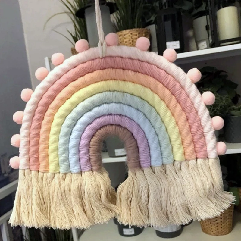 Tapiz de arco&iacute;ris tejido de 8 l&iacute;neas para colgar en la pared, colgante de Color para sala de estar, dormitorio, decoraci&oacute;n para el hogar-4