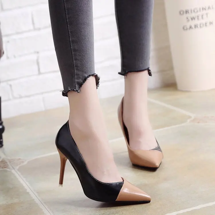 

Women Pumps OL Fashion Spell Color High heels Single Shoes Female Spring Summer Patent leather Wedding Party shoes Woman