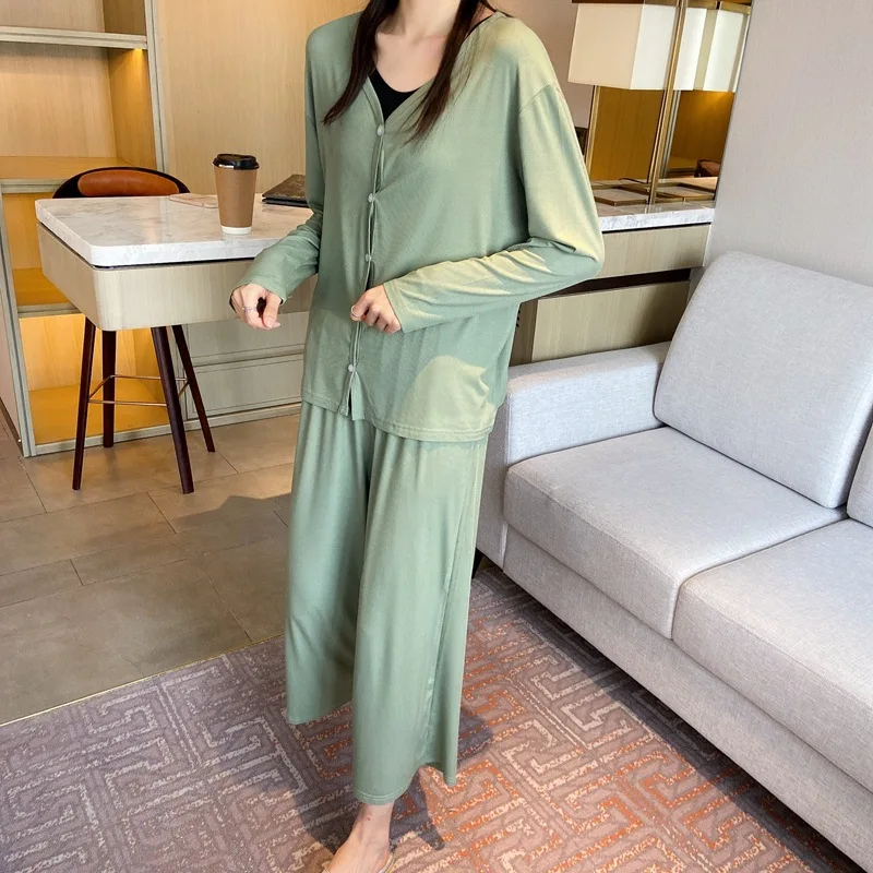 Spring Autumn New Cardigan Wide Leg Pants Women's Pajamas Korean Version Thin Large Loose 2Pcs Set Female Sleepwear Homewear