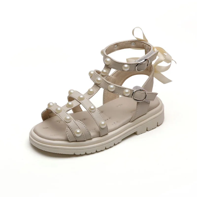 

2021 Summer Kids Girl Shoes Sandals Hook&Loop Solid Butterfly-knot Fashion Sweet Flat Heels All-match Pearls Beach Sandals