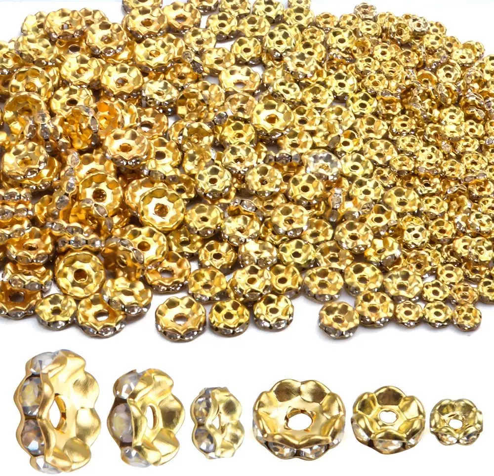 

400pcs 3 Sizes Crystal Spacer Beads Loose Round Rhinestone Beads Rondelle for Necklaces Jewelry Making,6mm/8mm/10mm,Gold