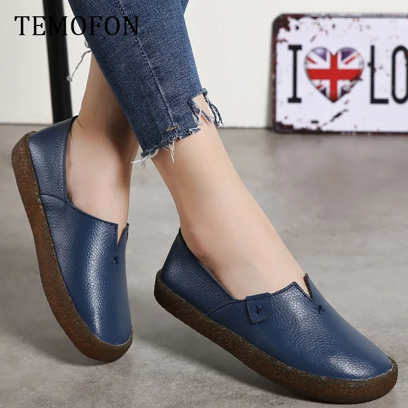 Туфли женские кожаные на плоской подошве лоферы без застежки Мокасины удобная