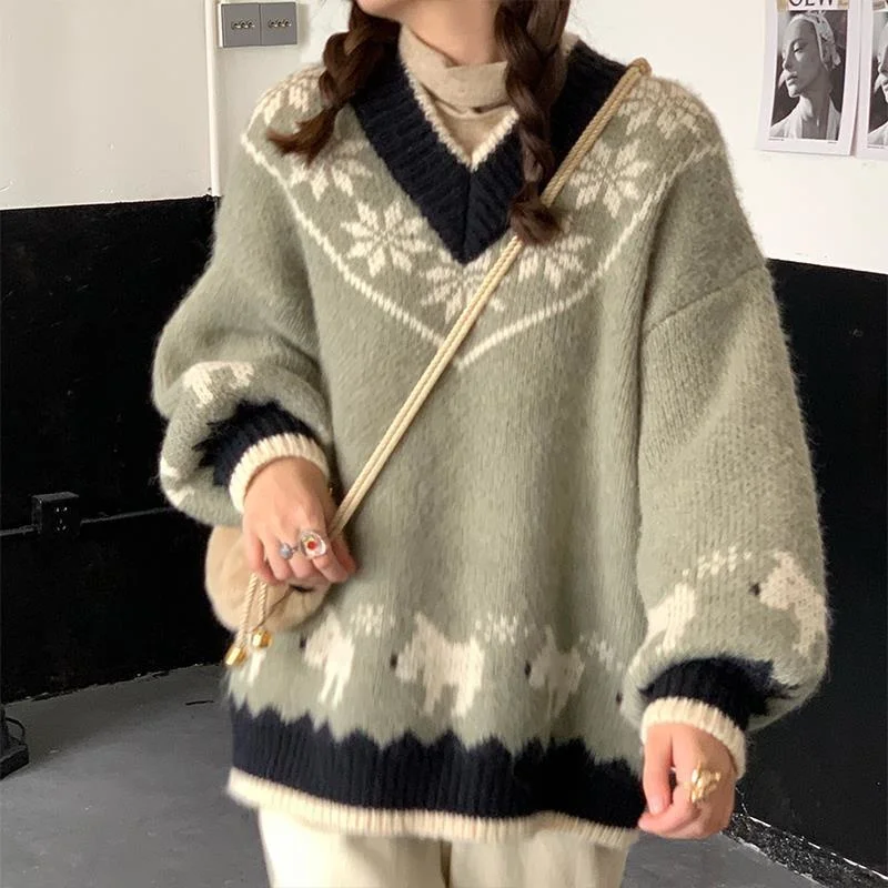 Oversized Dark Green Sweater Academia Aesthetic Knit Women Fashion Tops Cute Kawaii Clothes For Women Streetwear Gothic Harajuku