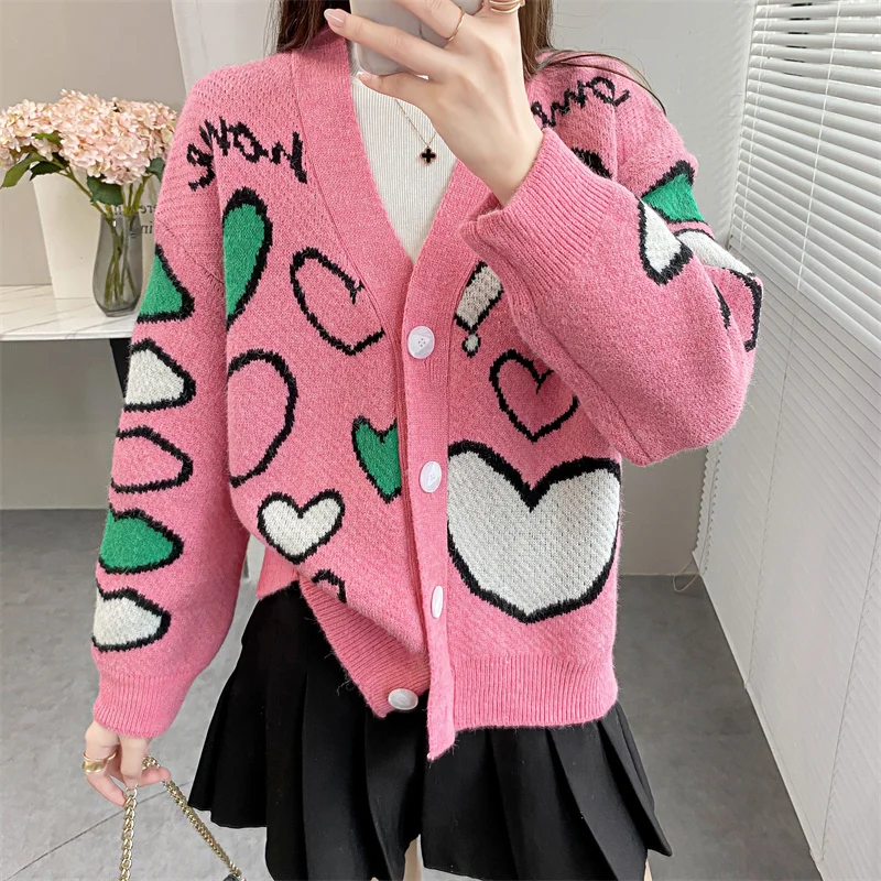 

Autumn Women Korea Style Sweater O-Neck Single-breasted Cardigan Sweet Heart Suits Ladies Casual Urban Regular Bottons Knitwear