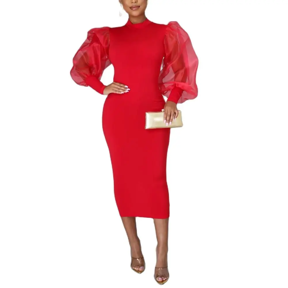 

Plus Size Women Dress O-Neck Back Split Midi Dress Mesh Lantern Long Sleeve Bodycorn Party Dress