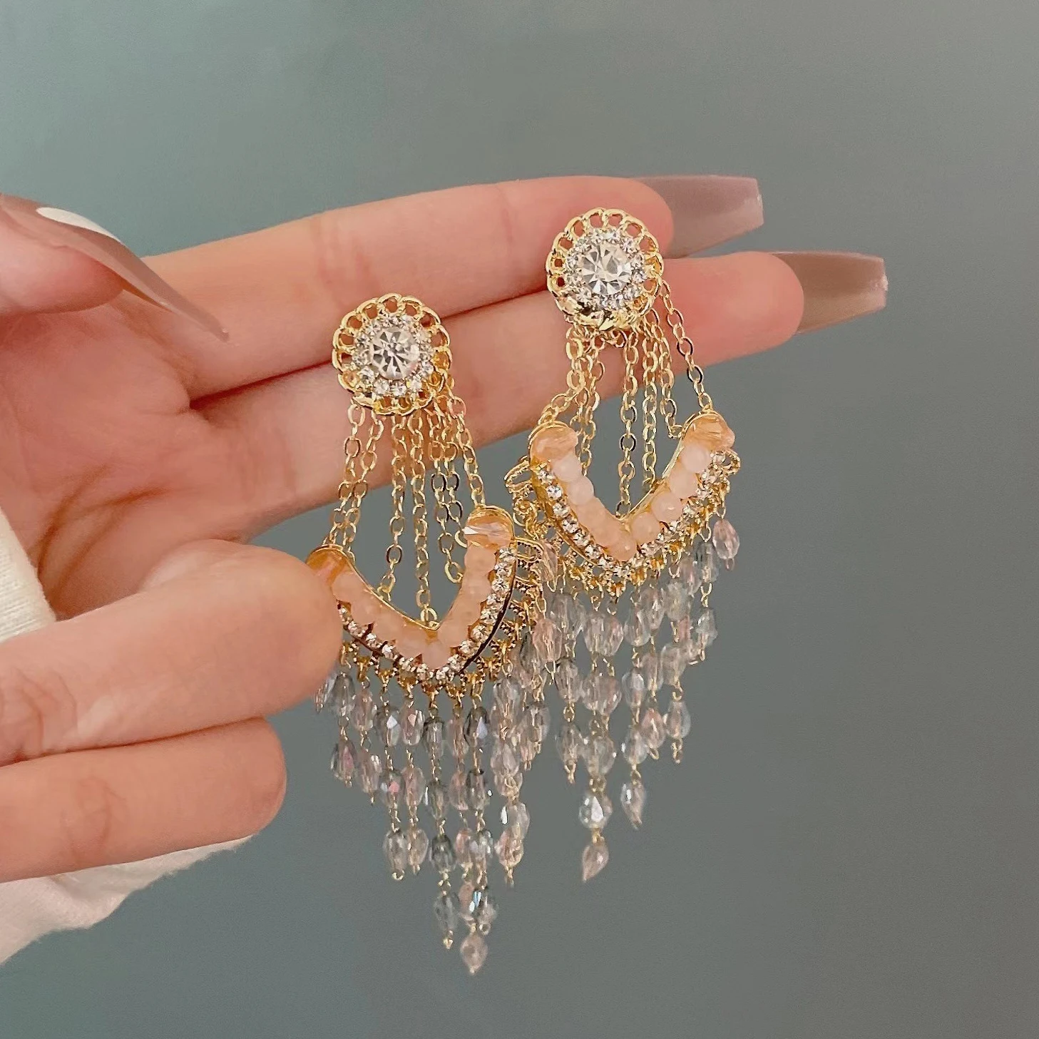 

Pink Crystal Tassel Earrings for Women Large Stud Earrings Korean Fashion Jewelry Kolczyki Pendientes Mujer Boucle Oreille Femme