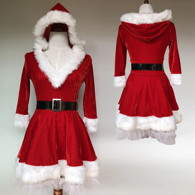 

Christmas Costume Santa Costume Half Sleeve Plush Warm Hooded Fancy Pleated Dress M,L,XL Halloween Costumes For Women