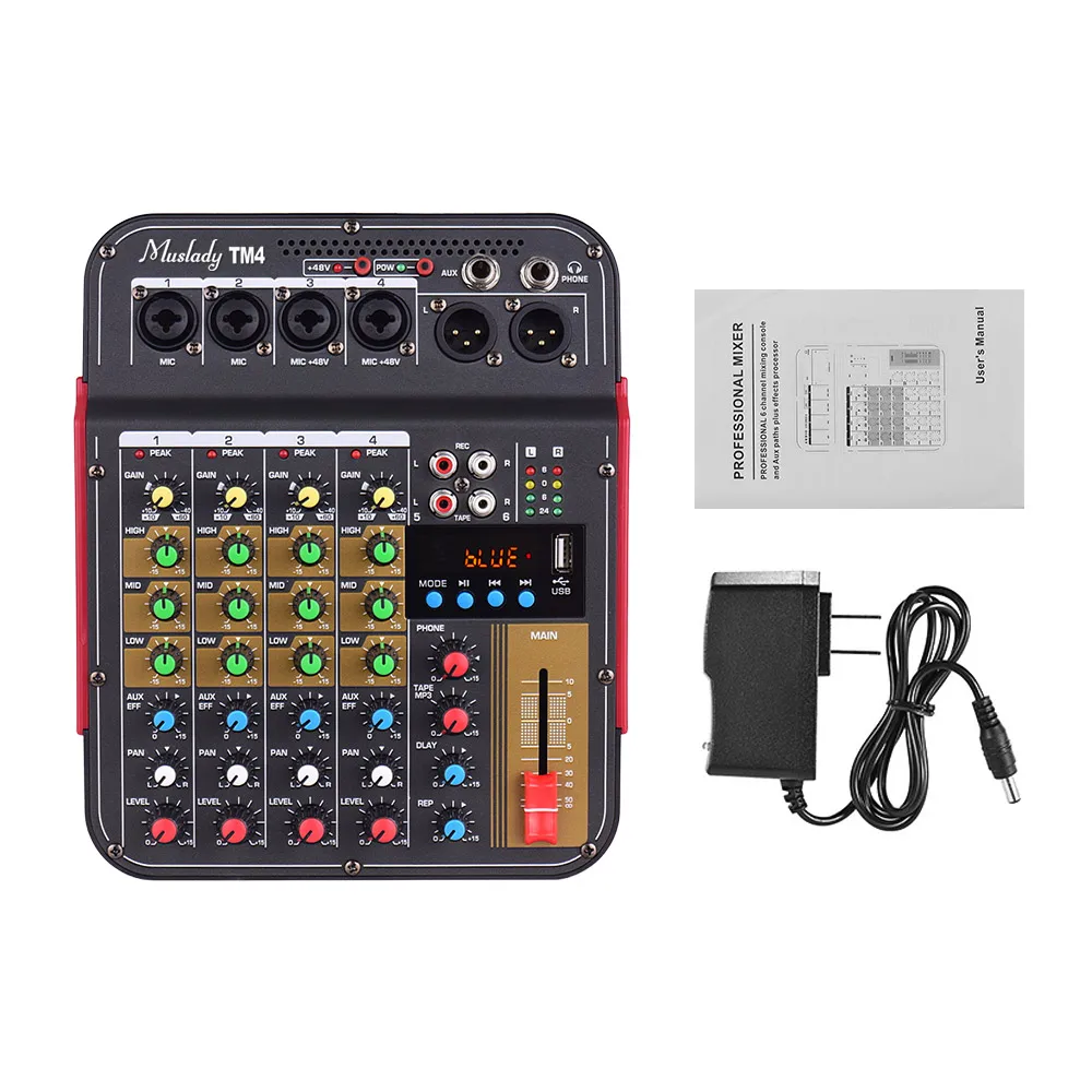 Muslady TM4 цифровой 4-канальный аудио смеситель микшерный пульт встроенный 48V Phantom Мощность с BT Функция миксер аудио миди клавиатуры - Цвет: US PLUG