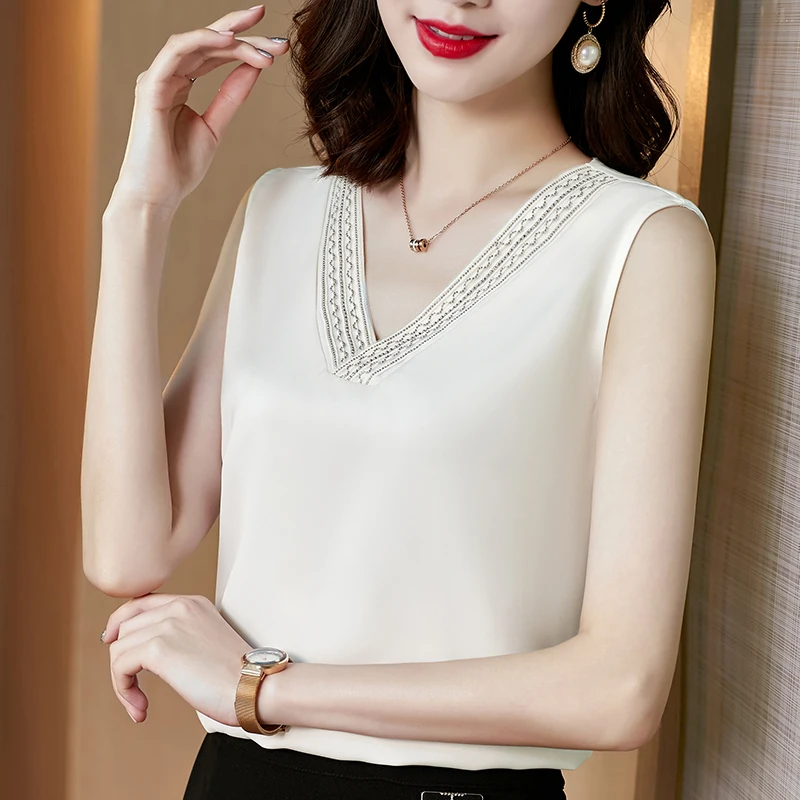 

Женская однотонная короткая блузка без рукавов, белая атласная блузка с V-образным вырезом, базовые рубашки, лето 2021