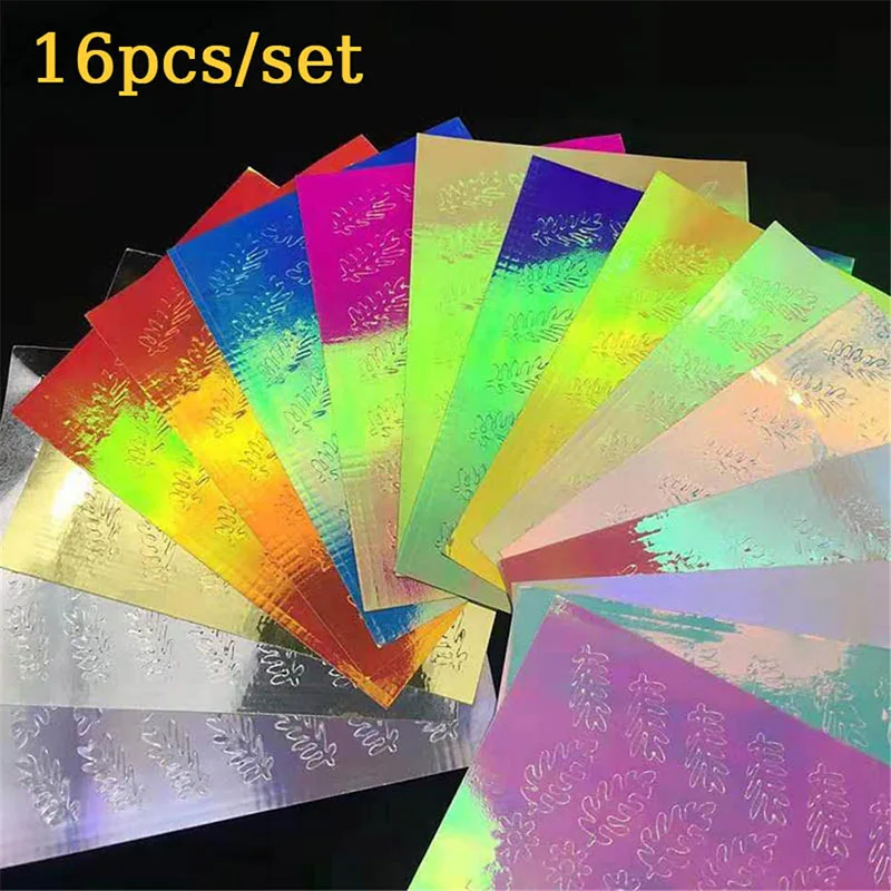 16pcs leaves sticker 16 шт./партия гололистые наклейки для ногтей s тонкая Лазерная серебряная полоса огненная пламя наклейки для ногтей Маникюрные 3d-украшения для ногтей - Цвет: 16pcs leaves sticker