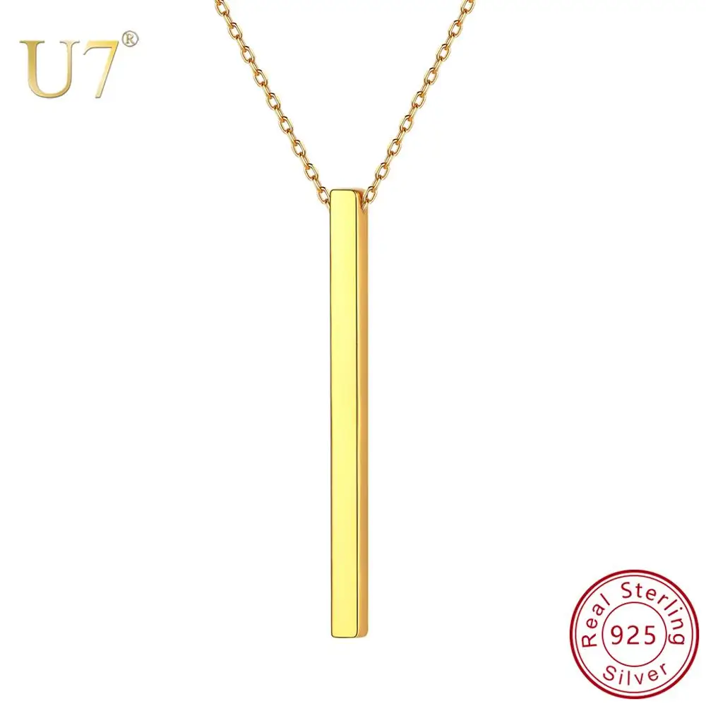 

U7 925 Sterling Silver Custom Name Vertical Bar Necklace Personalized Valentines Gift Mom Baby Message Engravable SC297