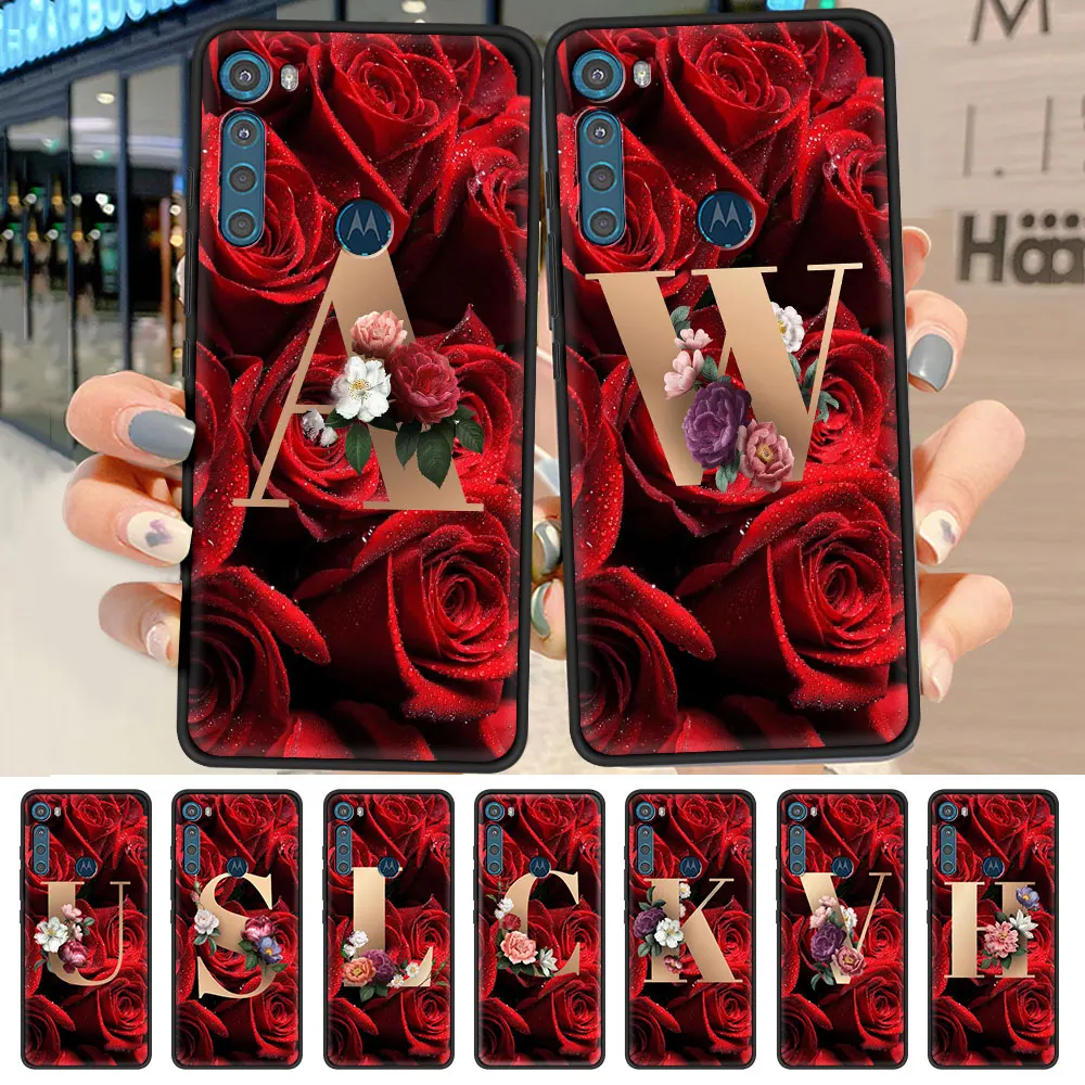 

Black High Quality Phone Case for Motorola G30 G9 Play One Fusion Plus G8 Power G Stylus Cover Sac Red Rose Flowers Letters A