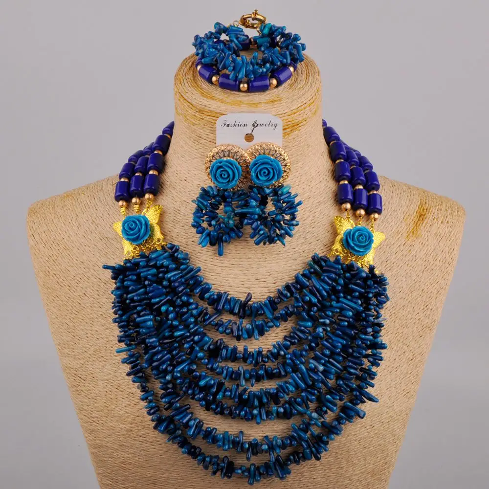 

New African Women Wedding Dress Accessories Royal Blue Coral Broken Branch Necklace Nigerian Bride Wedding Jewelry Set AU-689