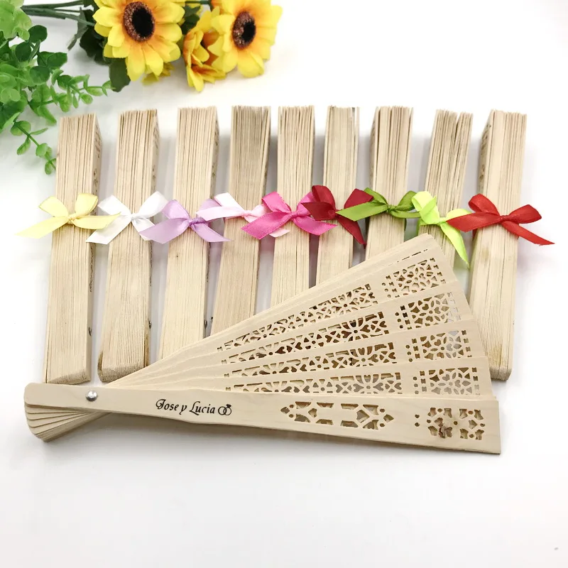 

100PCS Personalized Wedding Wood Fan with Ribbon Bow Custom Printing Text Sandalwood Hand Held Fan Party Decoration FREE SHIPPIN