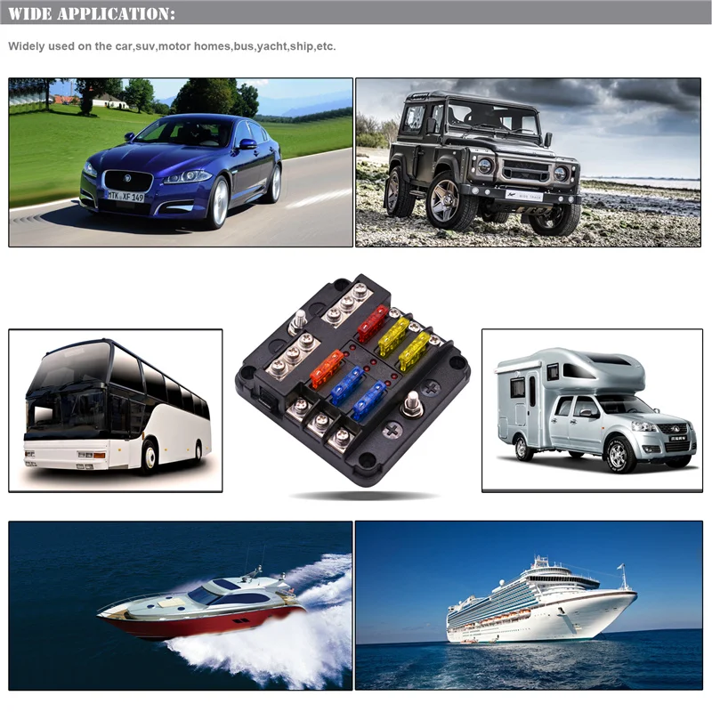 

DC12-32V 100A Fuses Box Holder For Cars, SUV, RV, Buses Automotive PC Waterproof Plastic Cover 6 Ways Blade Fuse Block M5 Stud