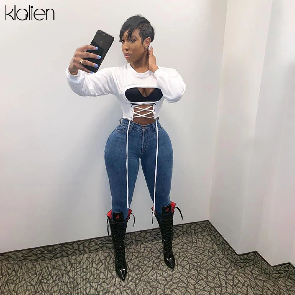 KLALIEN женские белые свитшоты осень 2020 длинный рукав шнуровка бандажный дизайн