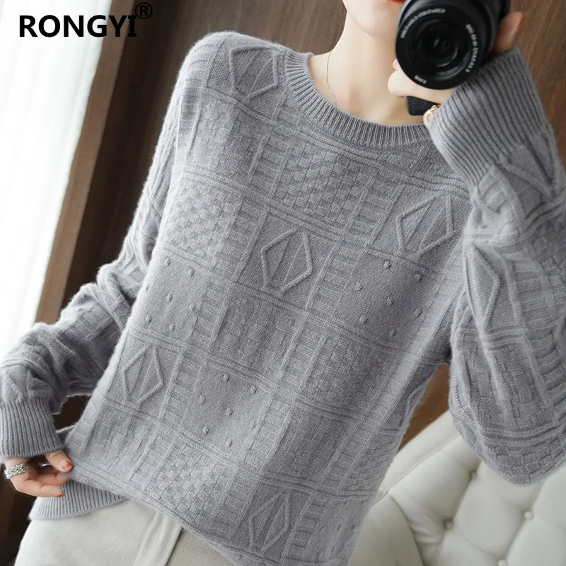 

RONGYI Women New Cashmere Sweater Autumn Winter O-Neck Knit Fashion Pullovers Thick 100% Wool Sweater Long-Sleeve Large Size Top
