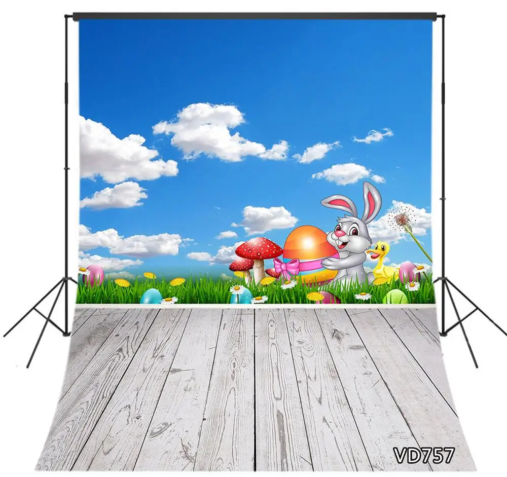 Фон для фотосъемки с пасхальными яйцами зеленой травой кроликом уткой