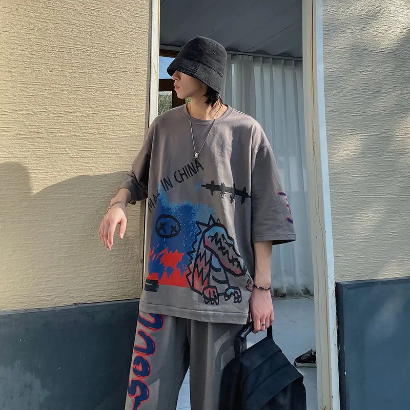 

2020 (shirts+pants) Summer Men's T Shirt Suit Set Male Cartoon Printing Short Sleeve Leisure Motion Tide Suit Tracksuit M-2XL