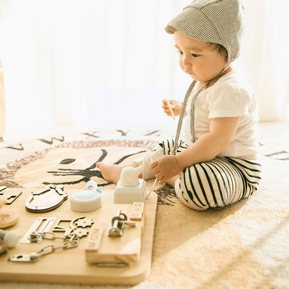 

Kid Busy Board Montessori Early Education Teaching Parts Aids Learning Busyboard Locks Skills Toys Wooden Wooden Beads Chil N9z9