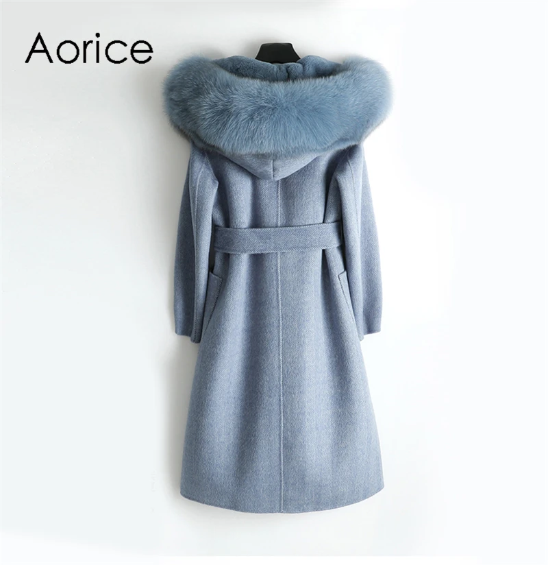 Aorice ZY18558 Женское пальто из натуральной шерсти с узором в елочку из ткани женский кроличий мех подкладка Лисий меховой воротник для отдыха осень/зима шерсть длинная верхняя одежда