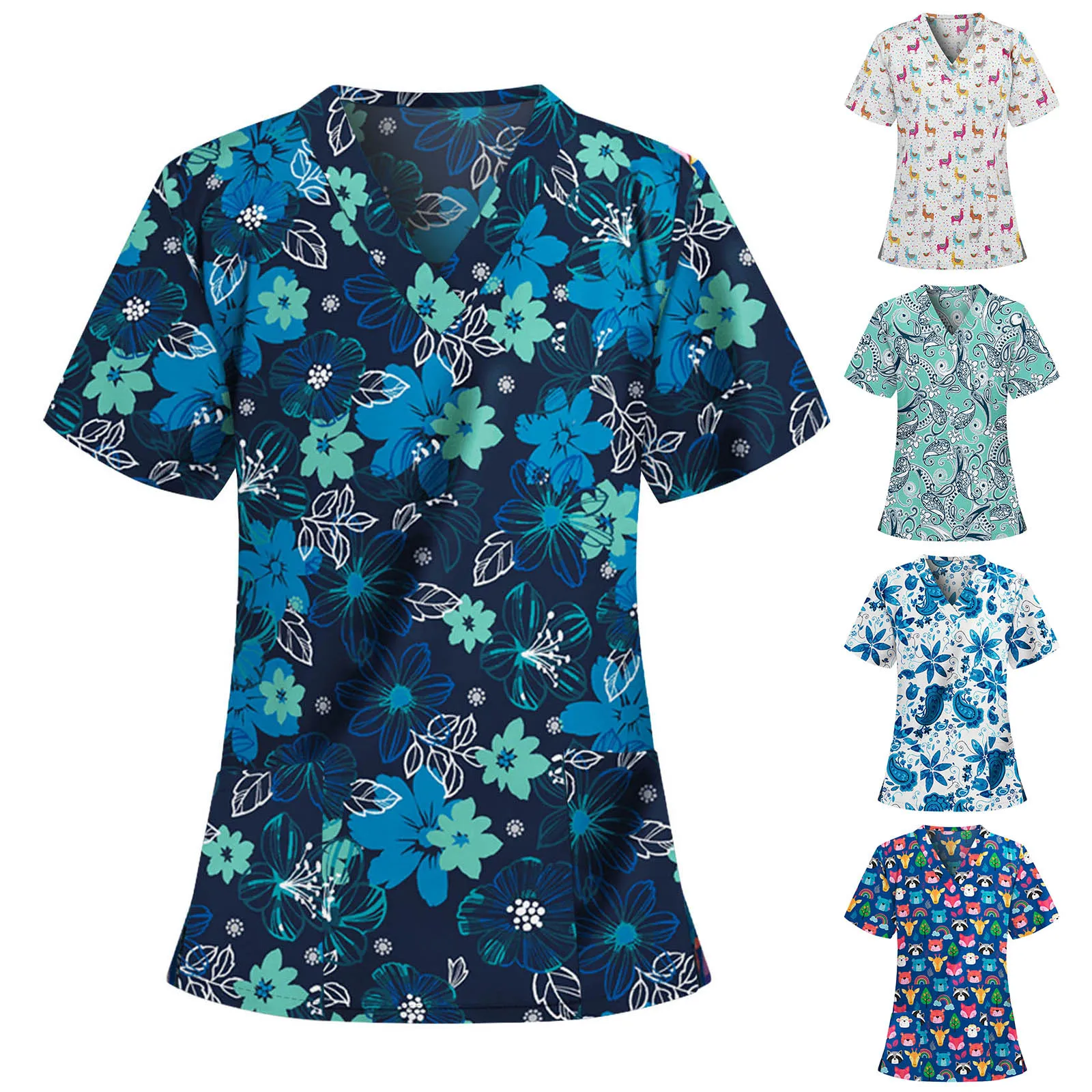 

S-XXL Cute animal alpaca print Women Short Sleeve V-neck Tops Working Uniform Blouse uniforme sanitario Versatile practical F4
