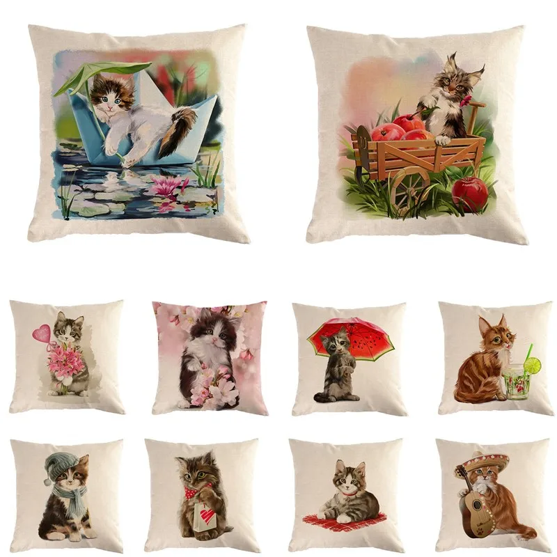 

45*45cm Cute Cat Flower Pattern Cotton Linen Throw Pillow Cushion Cover Home Decoration Sofa Bed Decor Decorative Pillowcase