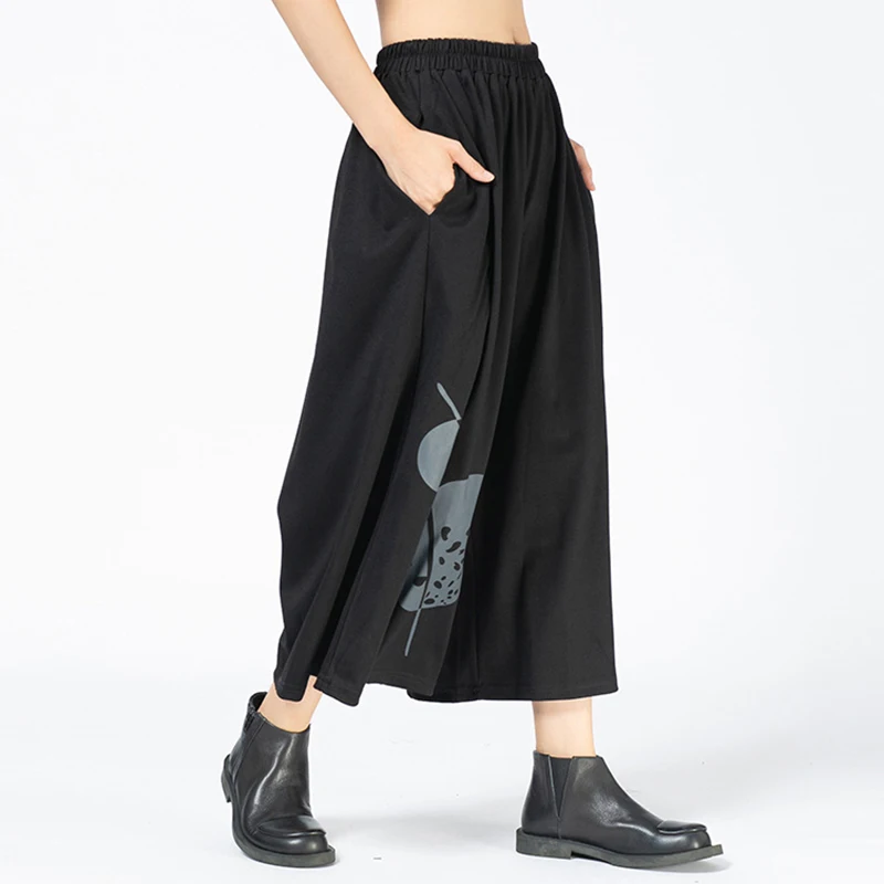 

Pattern Wide Print Leg Black High Waist Trousers New Loose Fit Pants Women Fashion Tide Spring Autumn 2021 1DD4011
