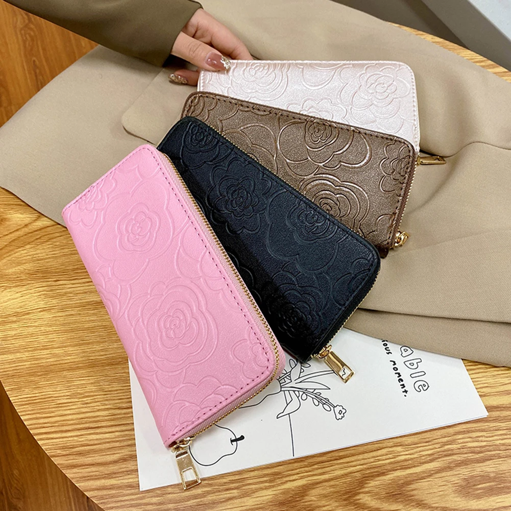 

Fashion Women Camellia Embossing Long Wallet Purse Zipper Clutch Evening Bag PU Leather Small Card Holder Case Organizer