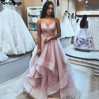 sevintage blush pink glitter tulle evening dresses long tiered skirt pleated prom dresses 2021 luxury pus size night club gowns