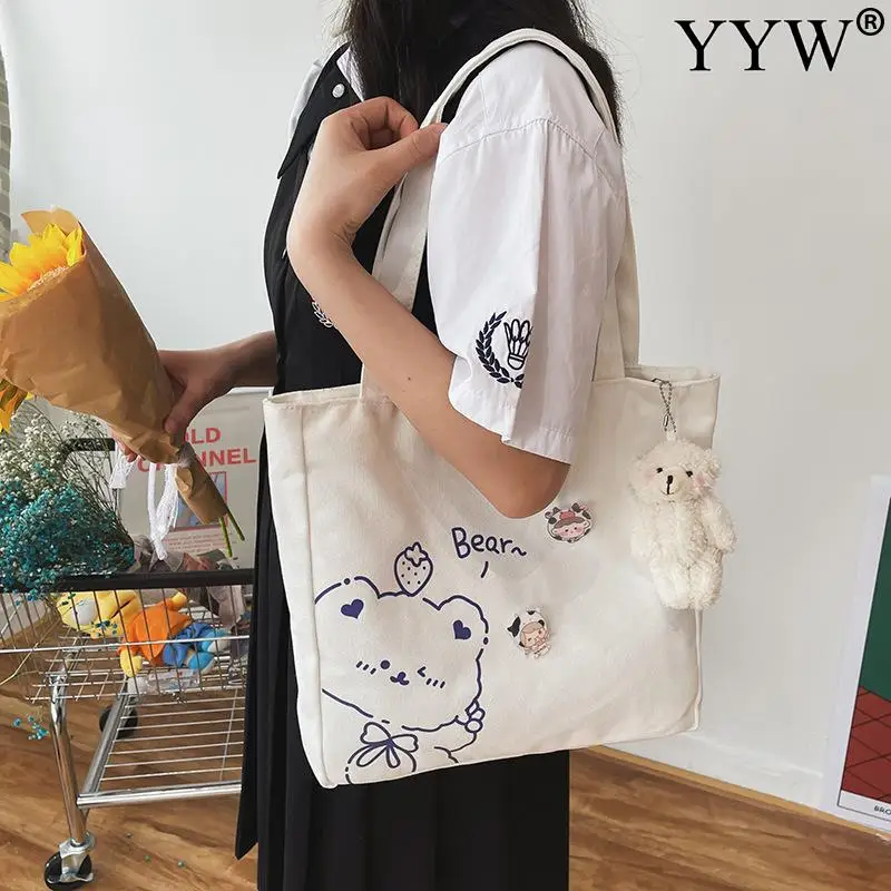 

Холщовая Сумка на плечо с мультяшным медведем, большая вместимость, натуральный мессенджер, Брендовые женские тоуты, Женская дорожная сумк...