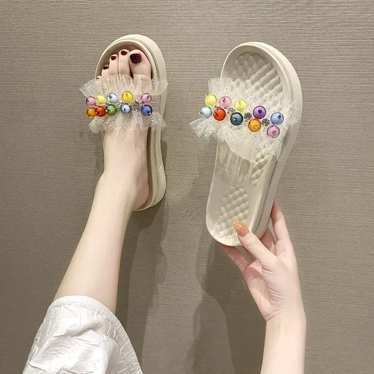 

Women's Slippers Summer New 2021 Fashion Pearl Mesh Thick Bottom Lazy Sandals