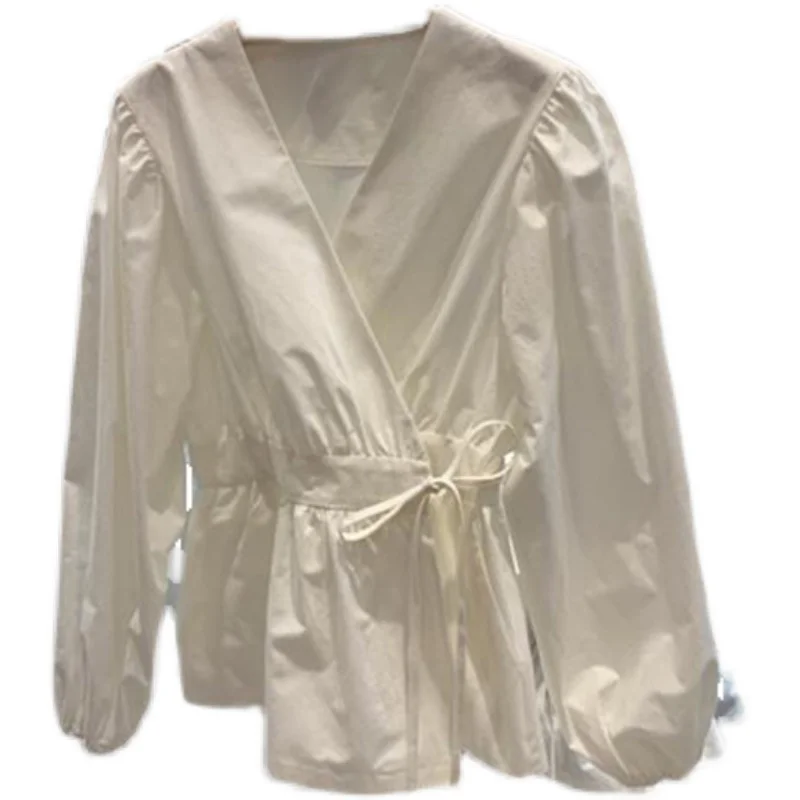 

Spring 2021 new temperament V-neck round neck solid color matching waist long sleeve blouse blouse