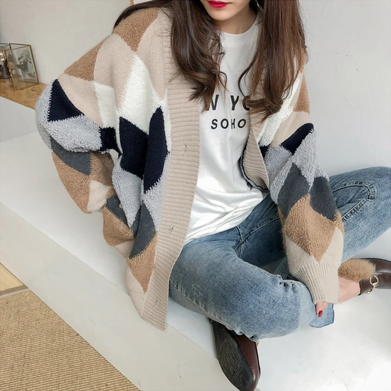 TIGENA Loose Plaid Long Cardigan Women 2020 Autumn Winter Sleeve Knitted Sweater Female Jacket |