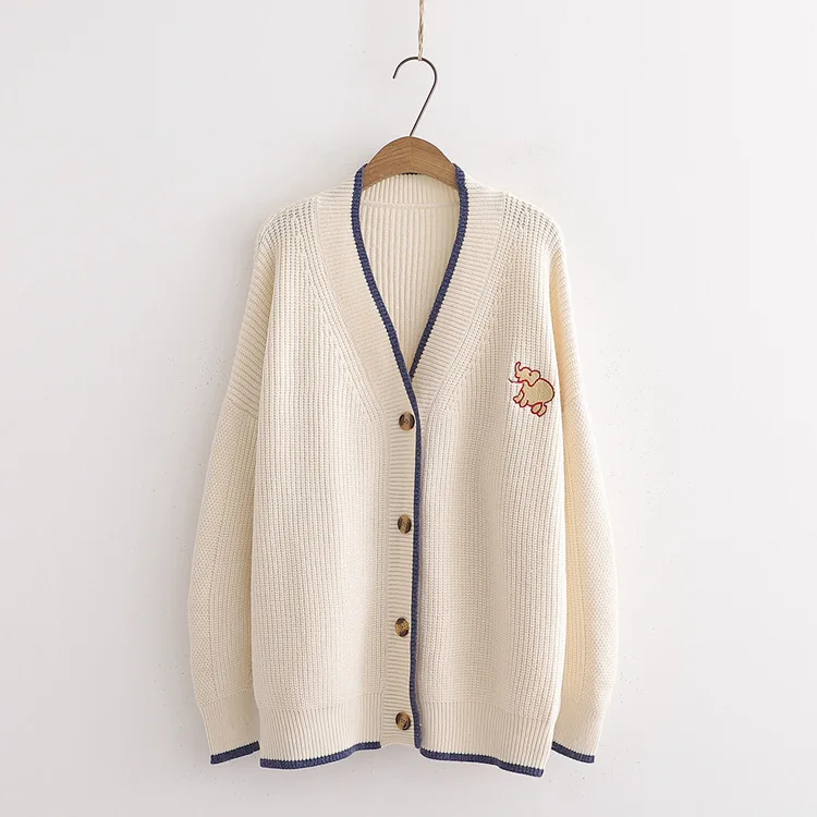 

Urifens 2021 New Autumn And Winter Cardigan Wild Literary Fan Simple Solid Color Knitted Elephant Embroidery Cardigan Coat T414