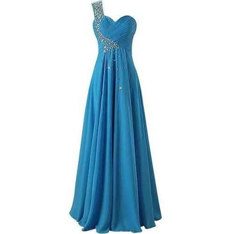 

Grace Blue Evening Dresses Sleeveless One-Shoulder A-line Formal Party Gowns Tiered Chiffion Beading Evening Gowns for Women
