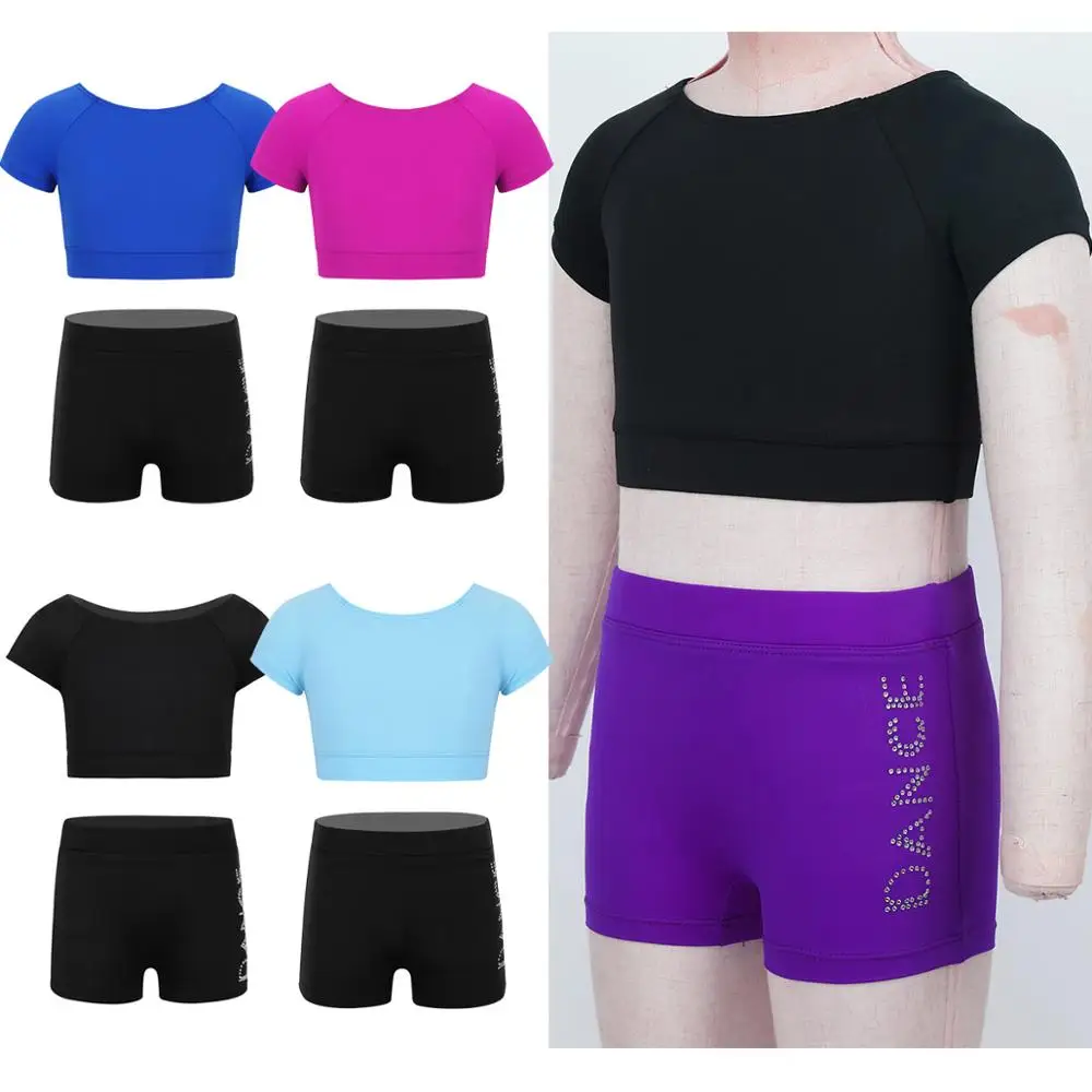 Kids Two-piece Dance Wear Crop Tops with Letters Printed Shorts Set Gym Workout Outfit for Girls Ballet Gymnastics Practice |